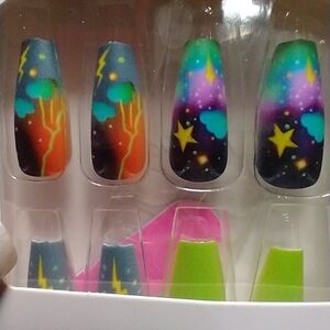 Press on nails clouds lightning stars multicolor colorful bright nail set